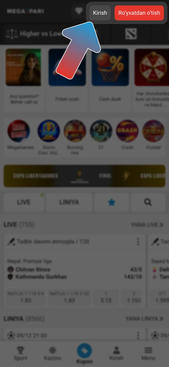 Megapari profiliga kiring yoki ro'yxatdan o'ting.