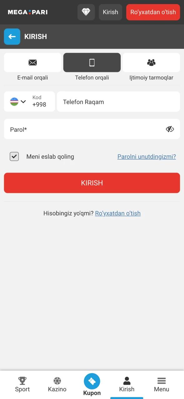 Megapari'ga hisob ma'lumotlaringiz bilan kiring.