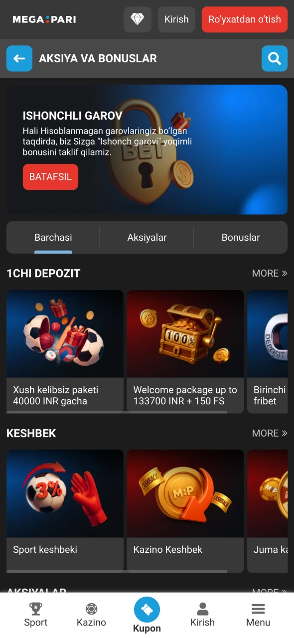 Megapari'da mavjud bonuslarga nazar soling.