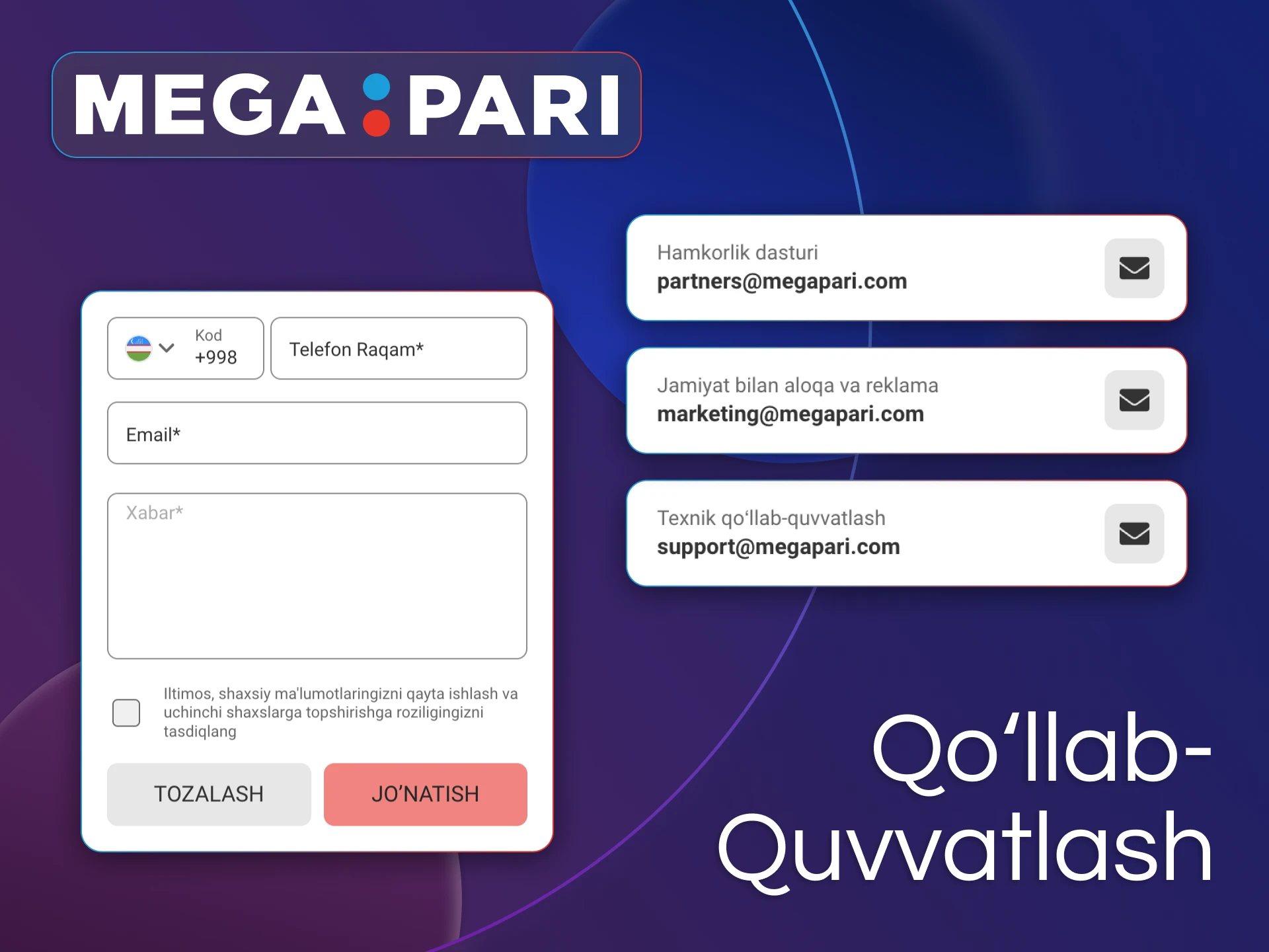 Megapari mobil ilovasi orqali 24/7 mijozlarga xizmat ko'rsatadi.